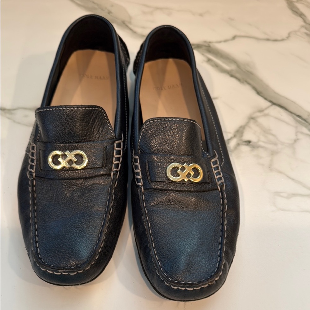 Cole Haan Black Leather Slip-On Loafers with Gold Hardware